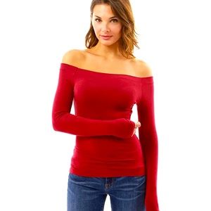 PattyBoutik Women Off Shoulder Long Sleeve Top (Deep Red M)